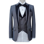 Gray tuxedo 3 piece suit with contrast black velvet shawl
