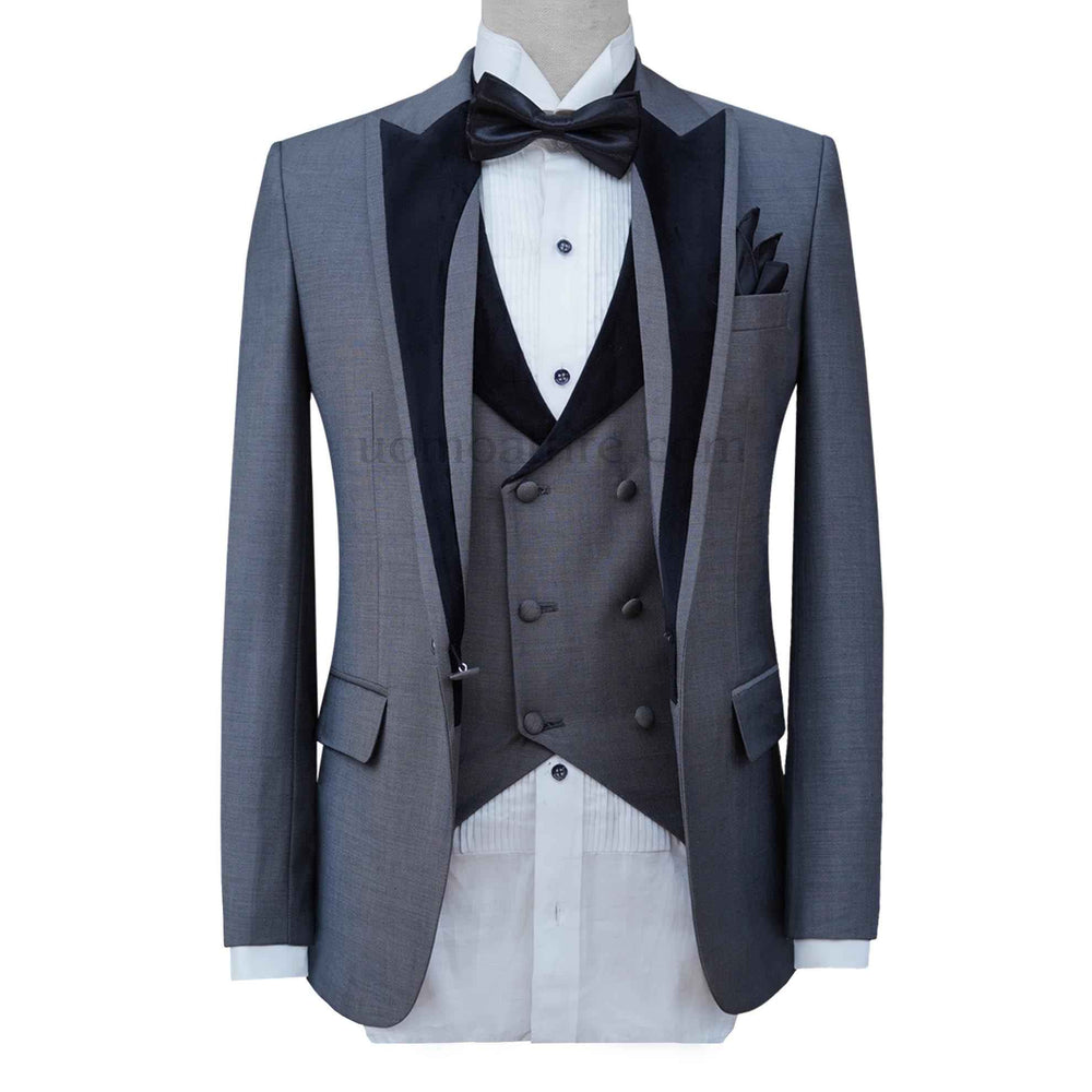 Gray tuxedo 3 piece suit with contrast black velvet shawl