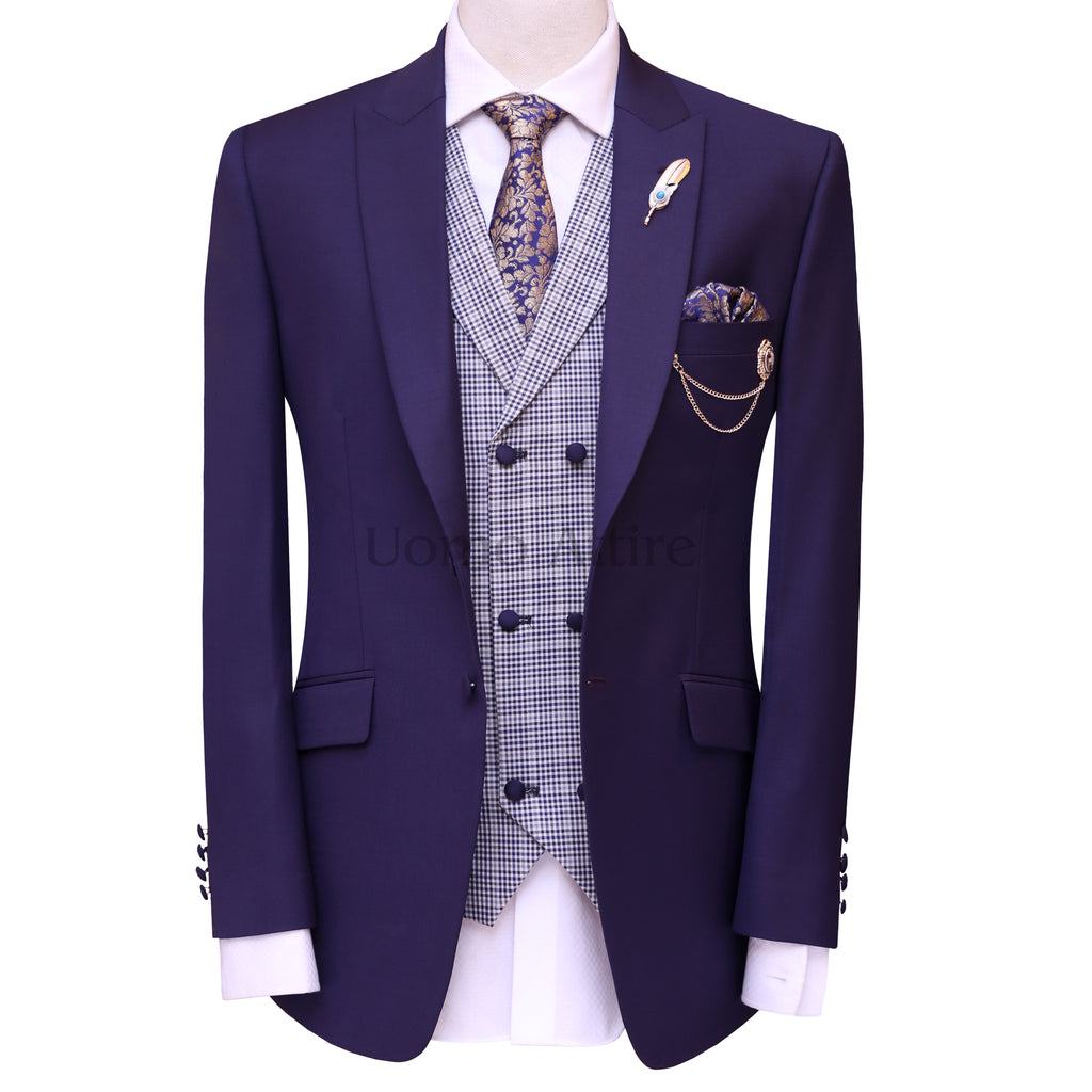 Bespoke plum three piece suit in pure italian fabric, bespoke plum color three piece suit with mini check double breasted and shawl lapel vest