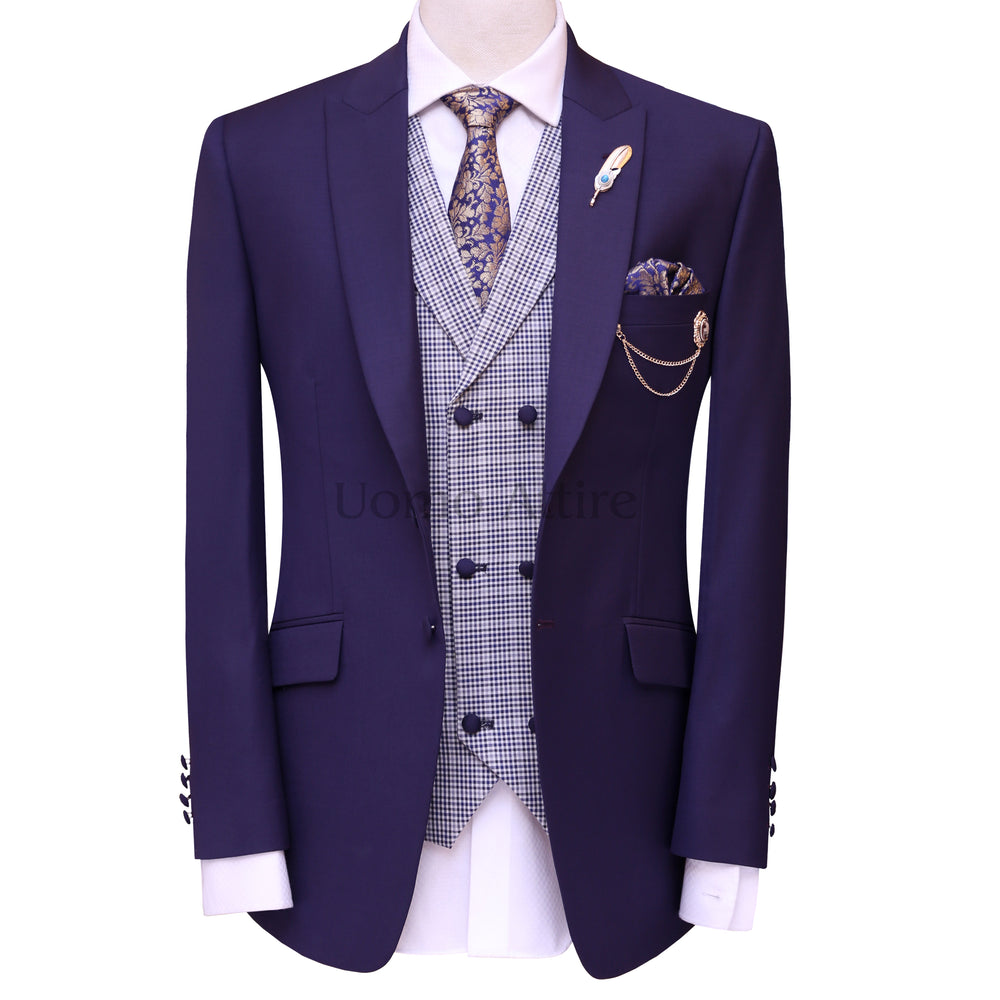 
                  
                    Bespoke plum three piece suit in pure italian fabric, bespoke plum color three piece suit with mini check double breasted and shawl lapel vest
                  
                