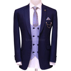 Custom-made deep midnight blue three piece suit, blue suit for men with check double breasted vest