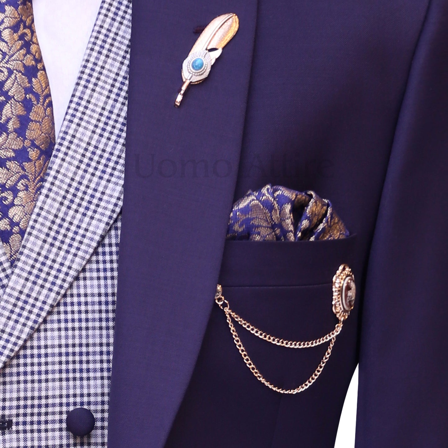 
                  
                    Bespoke plum three piece suit in pure italian fabric, plum color 3 piece suit with pocket square, lapel pin and chain brooch
                  
                