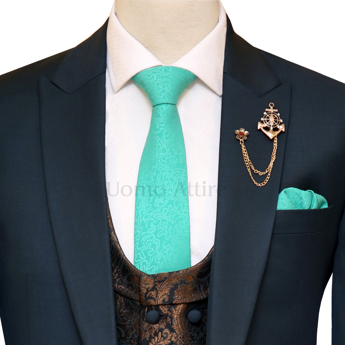 
                  
                    Made-to-measure deep green three piece suit, deep green 3 piece suit for men jamawar formal tie and custom designed lapel pin
                  
                