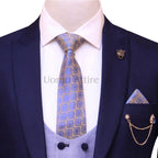 Custom-made deep midnight blue three piece suit, blue suit for men with self design formal tie, chain brooch and pocket square