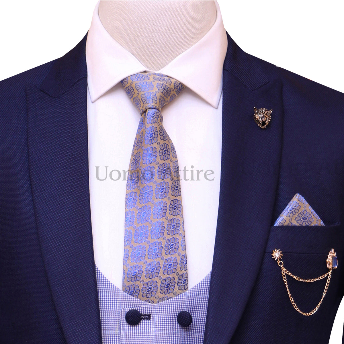 Custom-made deep midnight blue three piece suit, blue suit for men with self design formal tie, chain brooch and pocket square