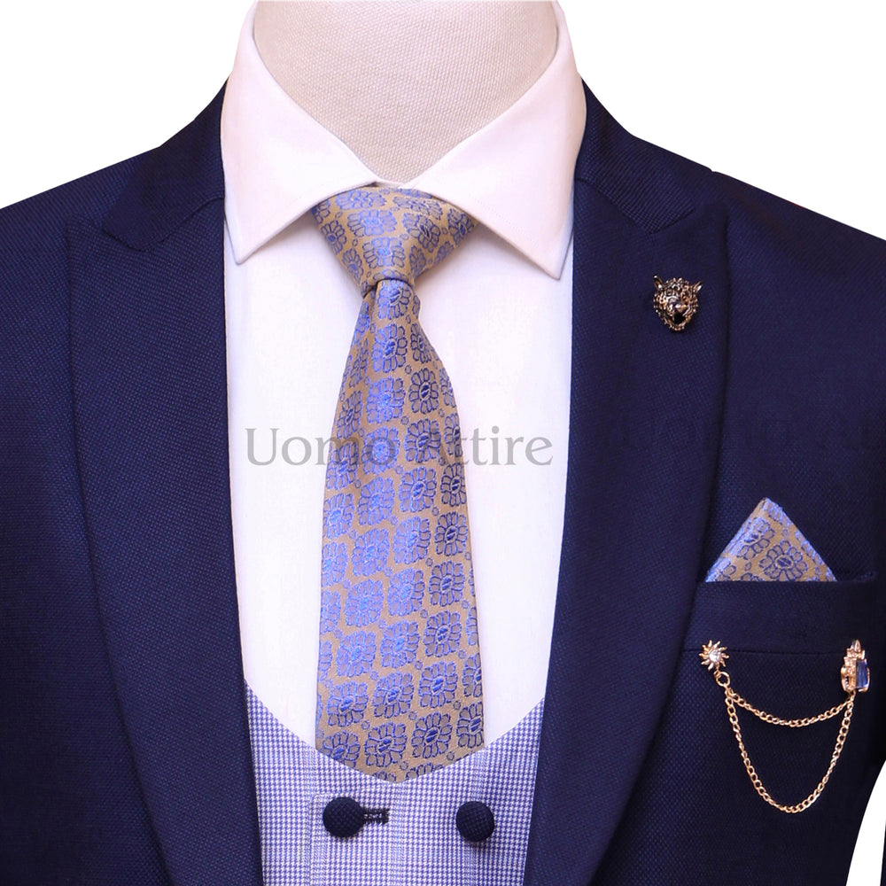
                  
                    Custom-made deep midnight blue three piece suit, blue suit for men with self design formal tie, chain brooch and pocket square
                  
                