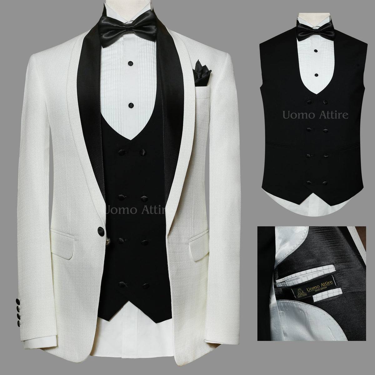 Handmade white and black contrast tuxedo 3 piece suit, white tuxedo suit, black tuxedo suit, tuxedo suit