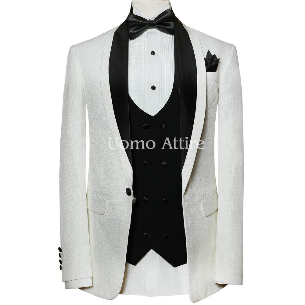 Handmade white and black contrast tuxedo 3 piece suit, white tuxedo suit, black tuxedo suit, tuxedo suit