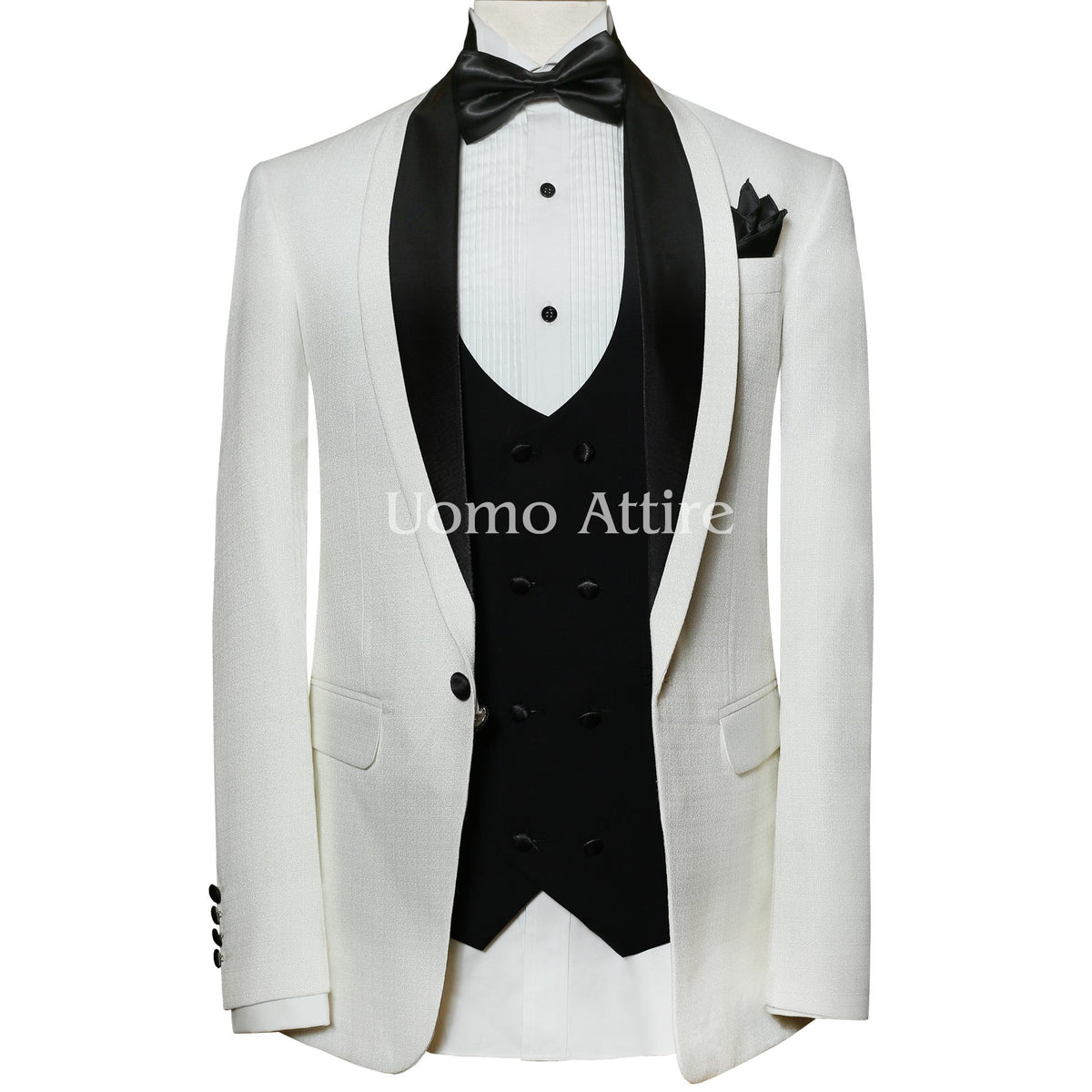 Handmade white and black contrast tuxedo 3 piece suit – Uomo Attire