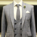 Gray windowpane check bespoke suit, gray 3 piece suit with double breasted vest made with 100% woolen fabric- 3 piece suits