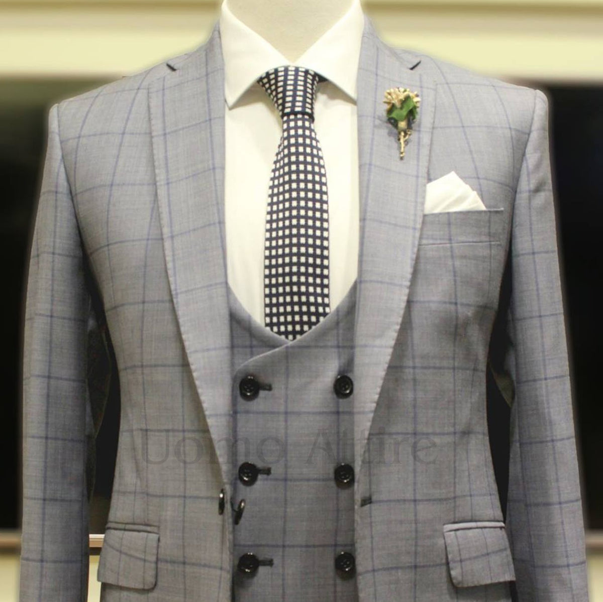 Gray windowpane check bespoke suit, gray 3 piece suit with double breasted vest made with 100% woolen fabric- 3 piece suits