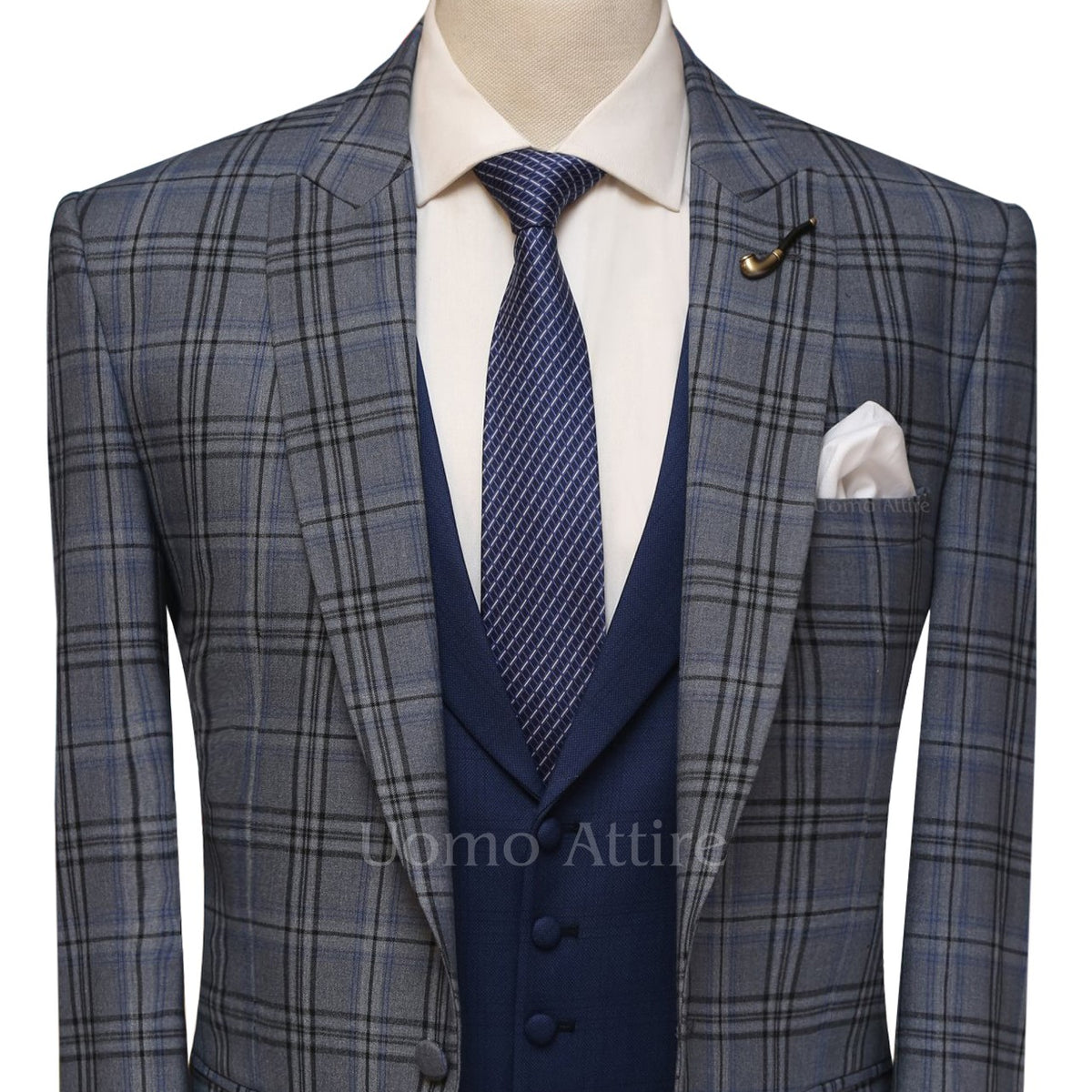 window pane check 3 piece suit with single breasted shawl lapel vest