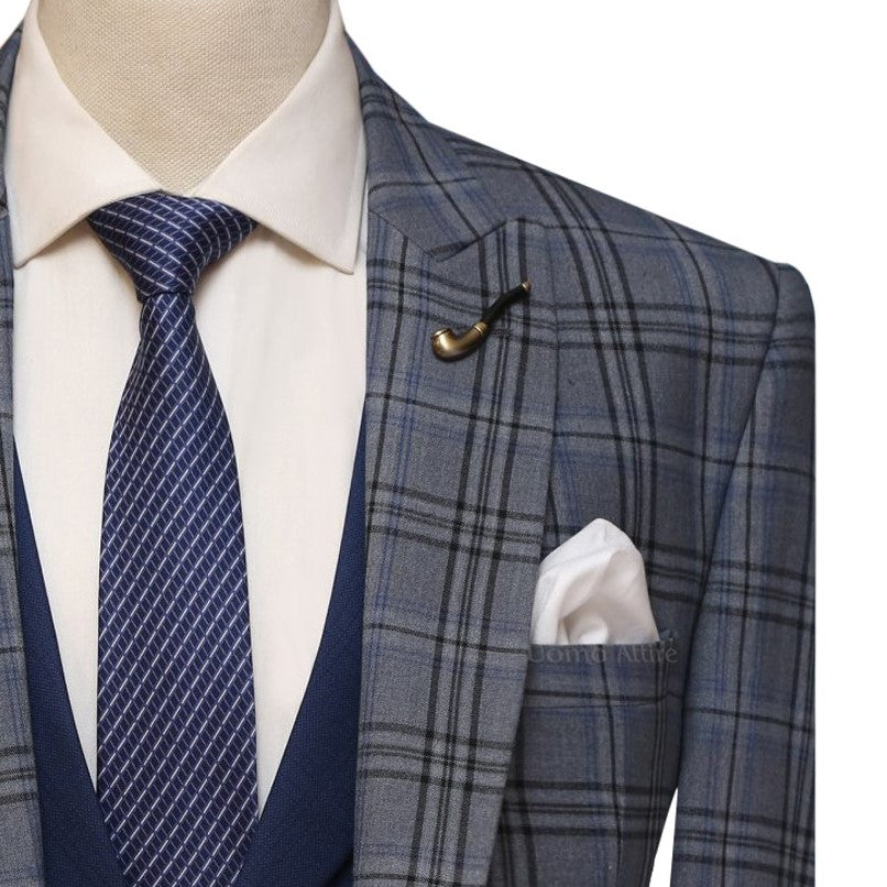 
                  
                    window pane check 3 piece suit with lapel pin and pocket sqaure
                  
                