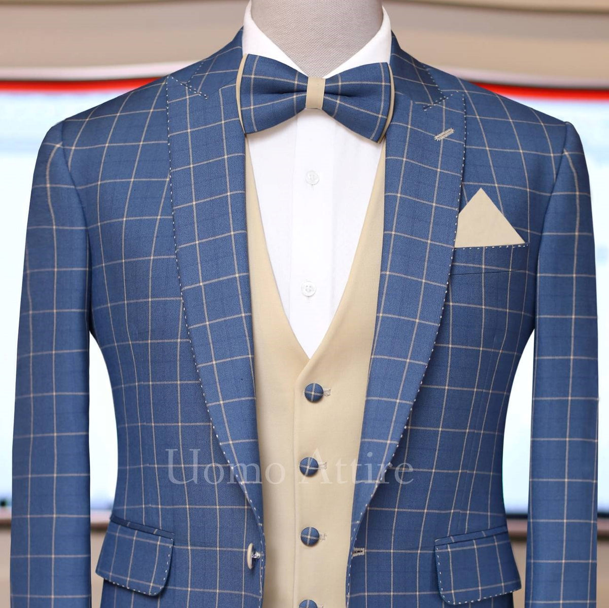 windowpane check sky blue 3 piece suit with same fabric tuxedo tie, 3 piece suit for men