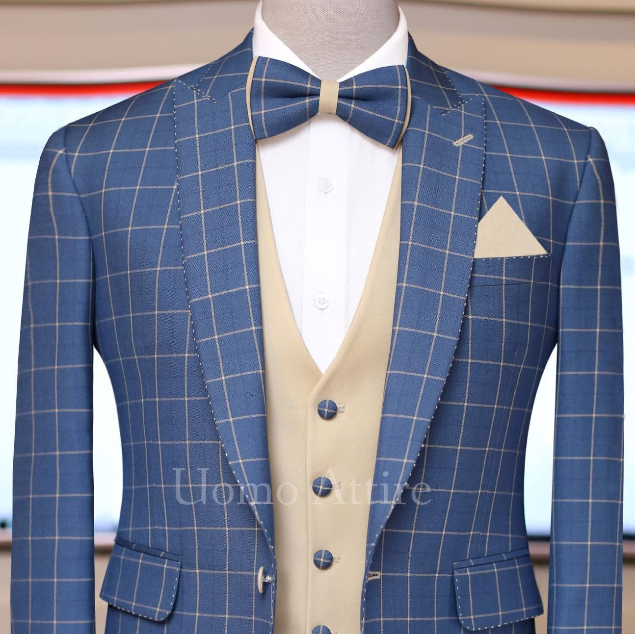 
                  
                    windowpane check sky blue 3 piece suit with same fabric tuxedo tie, 3 piece suit for men
                  
                