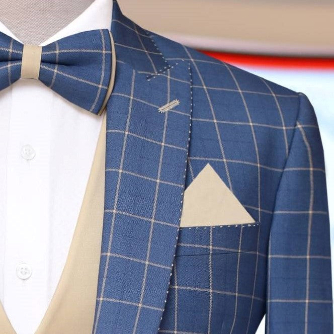 windowpane check sky blue 3 piece suit with pocket square and pick stitch, 3 piece suit for men