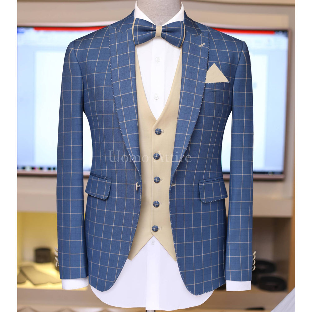 windowpane check sky blue 3 piece suit, 3 piece suit for men