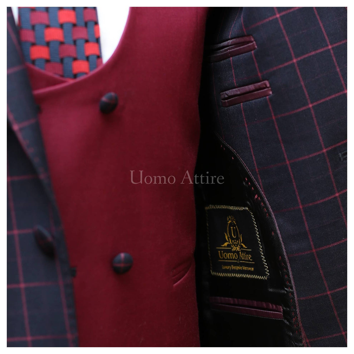 windowpane plain check three piece suit inside fashion