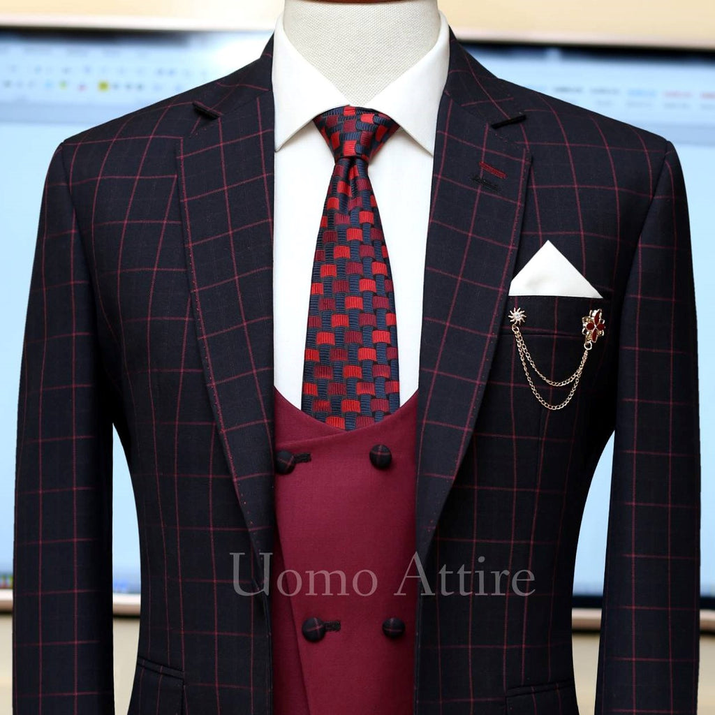 windowpane plain check three piece suit with maroon double breasted vest