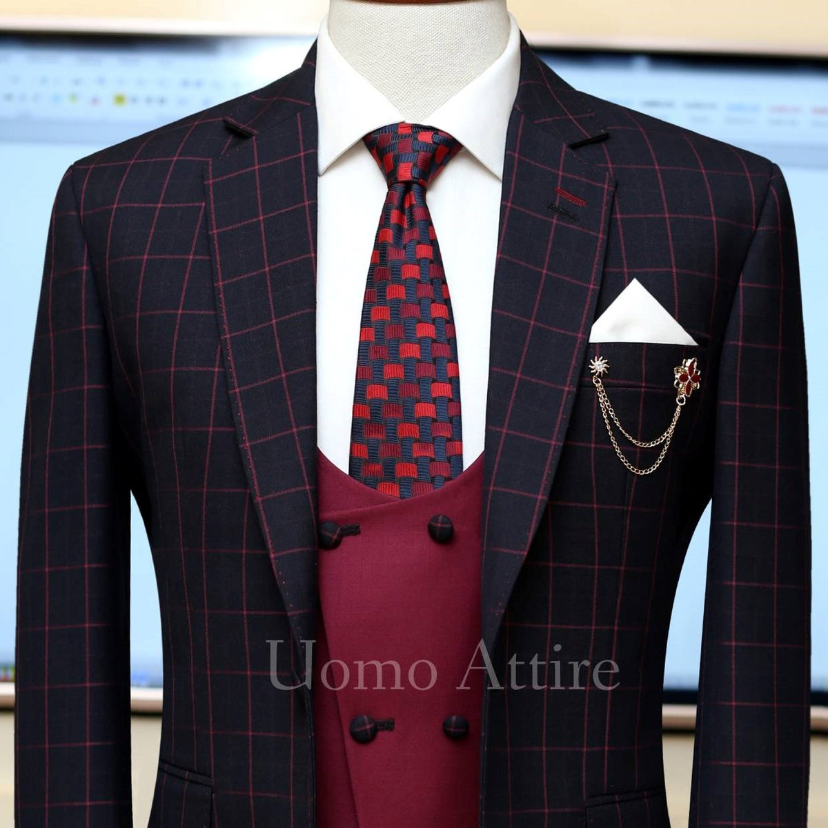windowpane plain check three piece suit with maroon double breasted vest